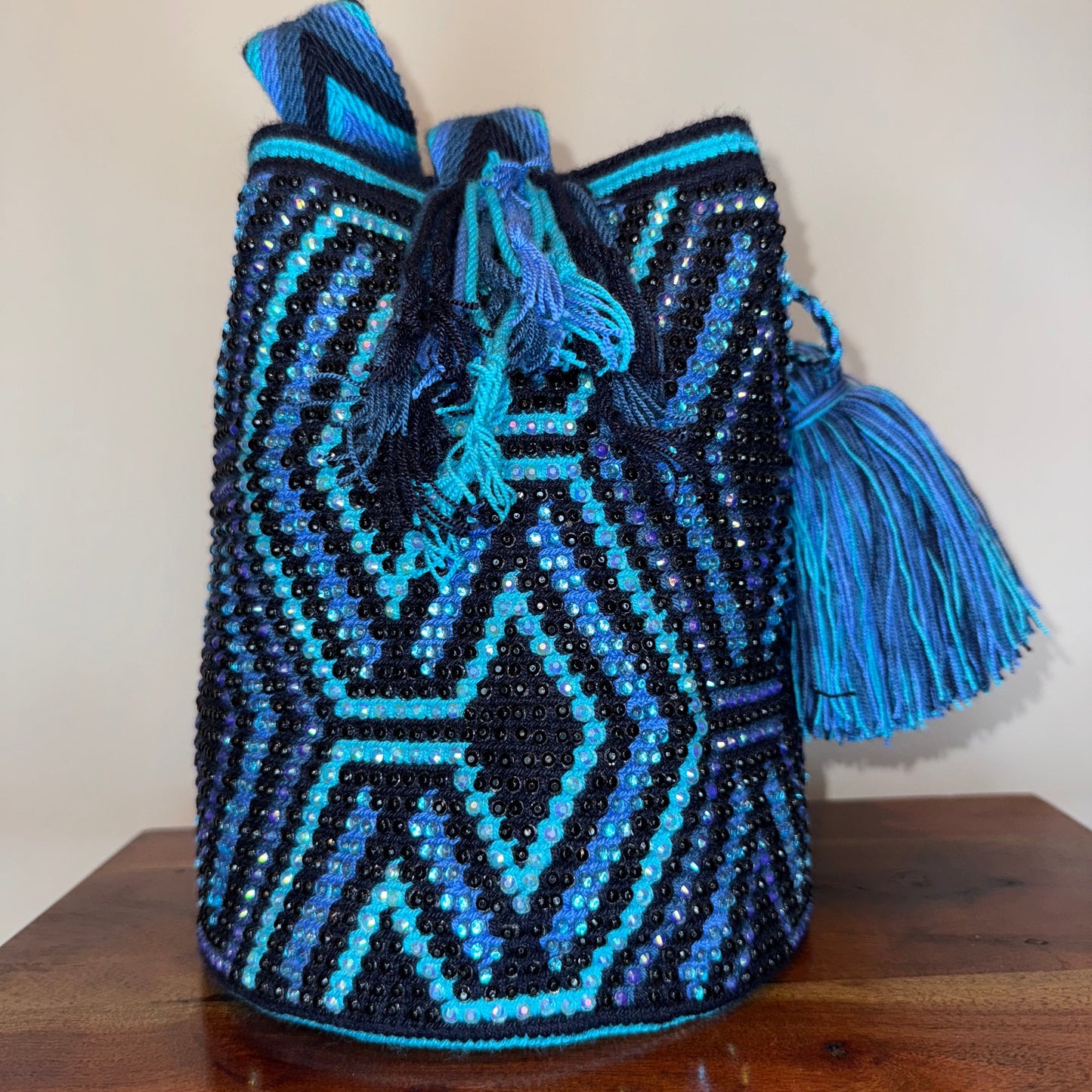 Wayuu bag, made in Colombia by hand and embedded with hand glued crystals 
