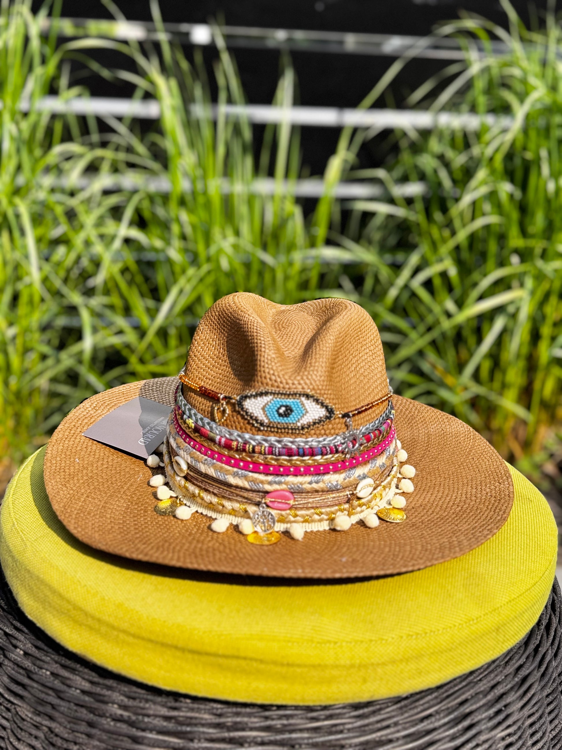 hand woven summer hat, decorated by hand, 100% natural fibre, evil eye hat, straw hat