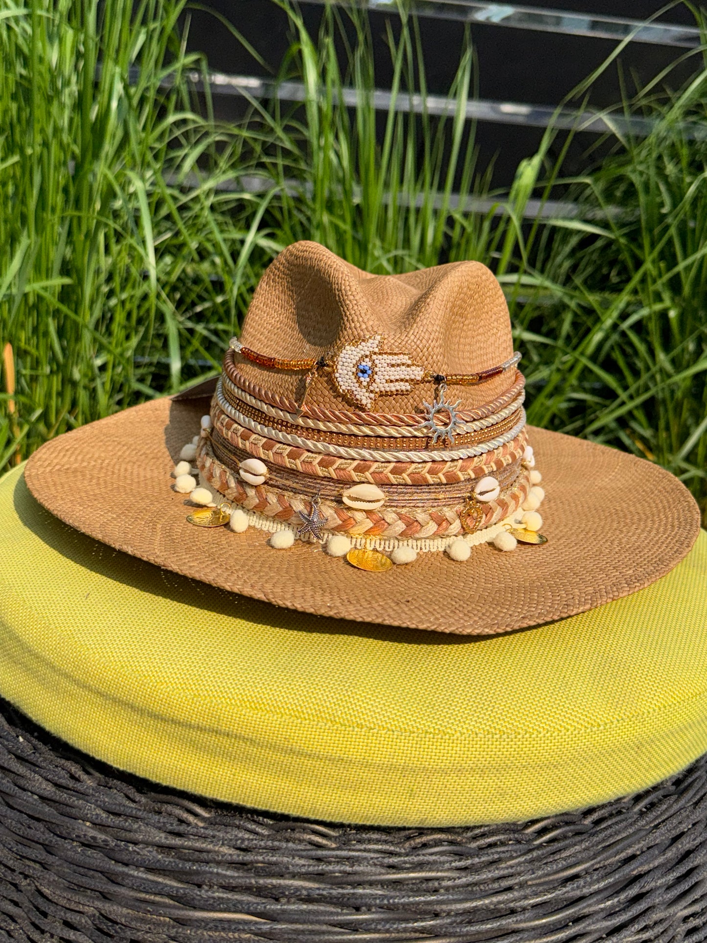 hand woven summer hat, decorated by hand, 100% natural fibre, hamsa hand straw hat