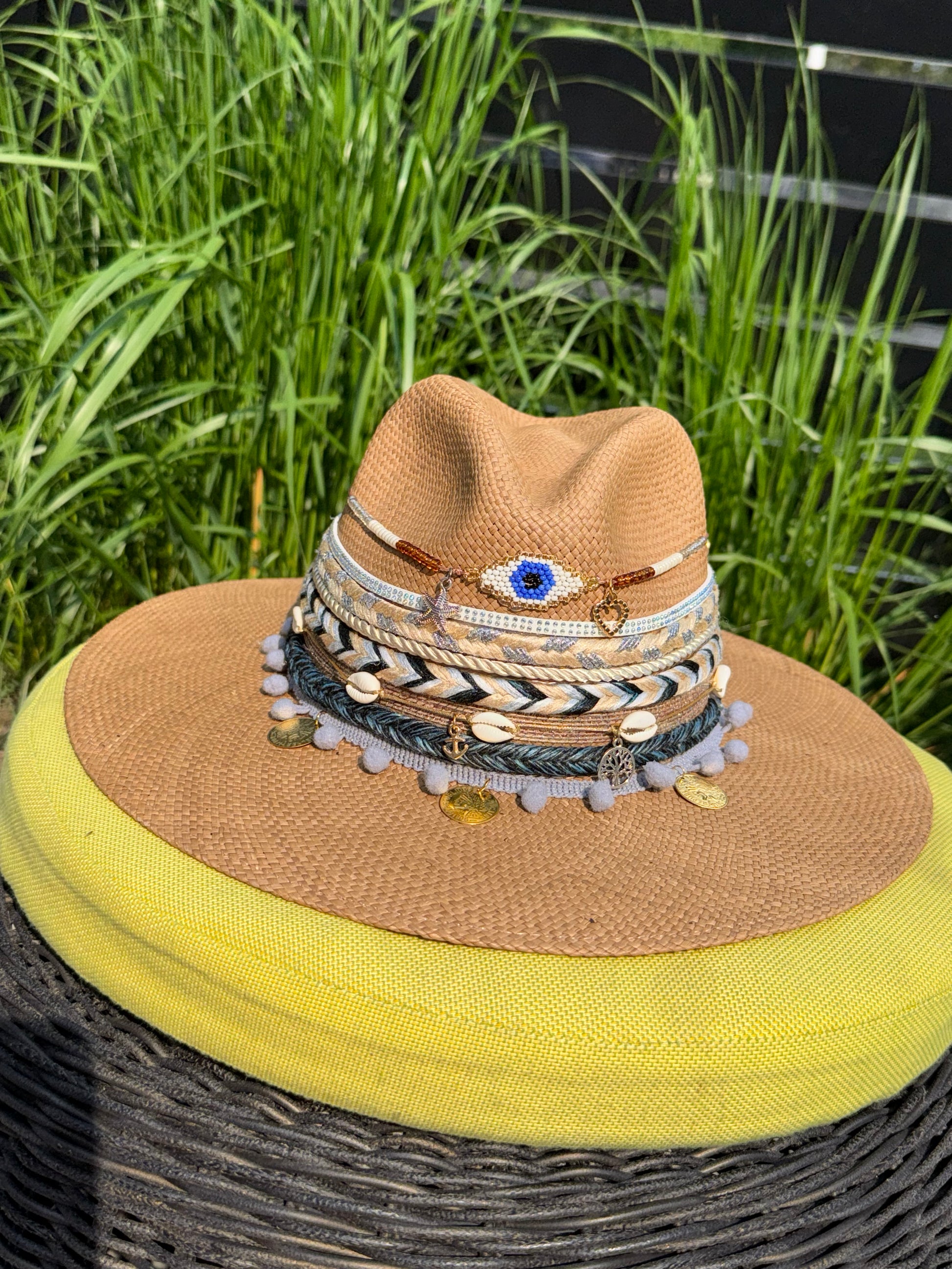 hand woven summer hat, decorated by hand, 100% natural fibre, evil eye hat, wicker hat