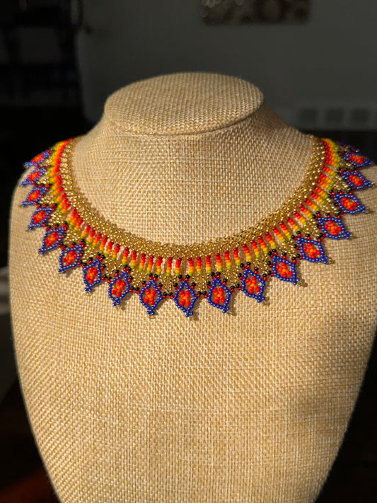 handwoven beaded Colombian necklace in blue, orange and gold colours Montreal