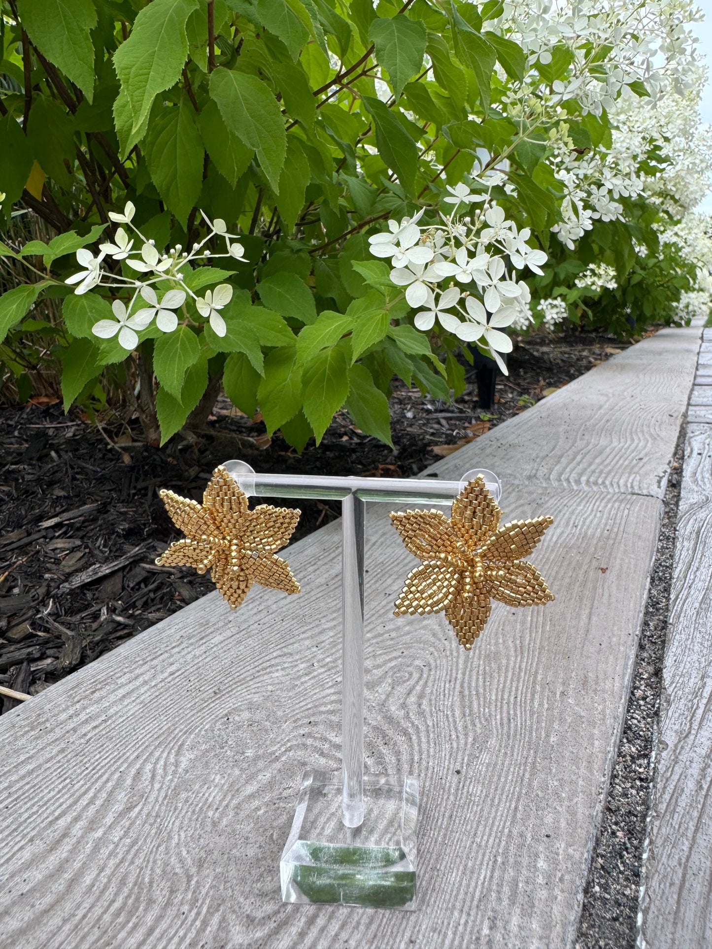 Gold flower-shaped earrings on a stand with green foliage in the background