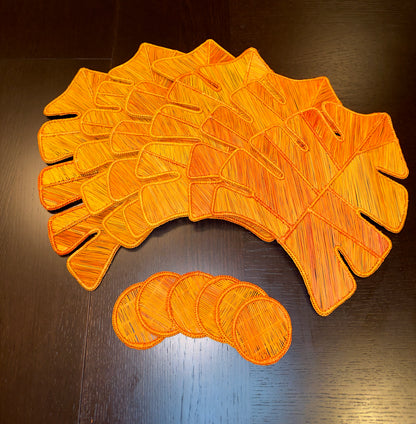 placemats, leave shape, home decor, table set, handmade placemat, handwoven placemat, orange placemat, orange coasters, natural material straw placemat, wicker placemat, wicker decoration