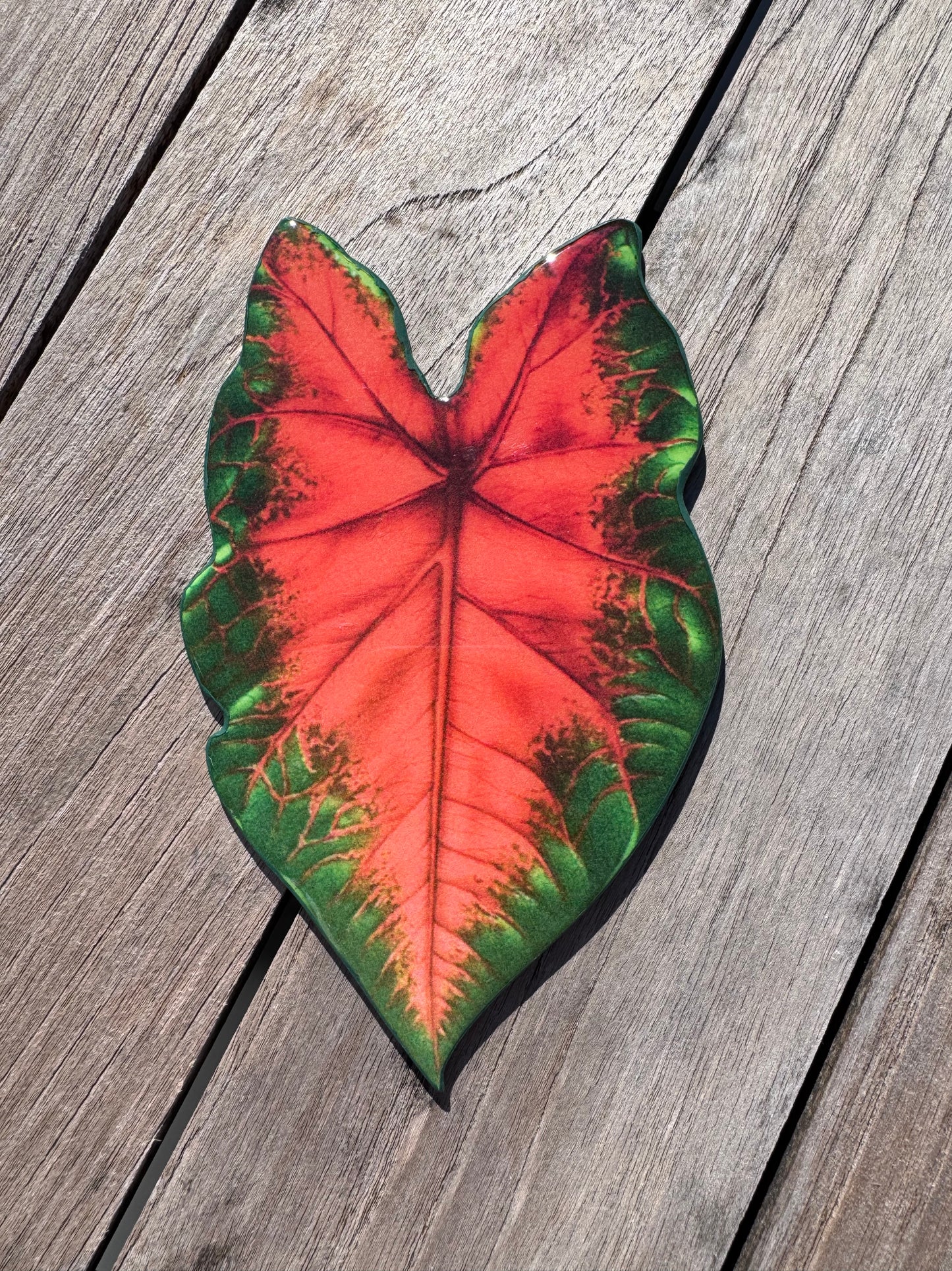 Colorful leaf-shaped coaster on a wooden surface, hand painted coaster, home decor, table decor Montreal 