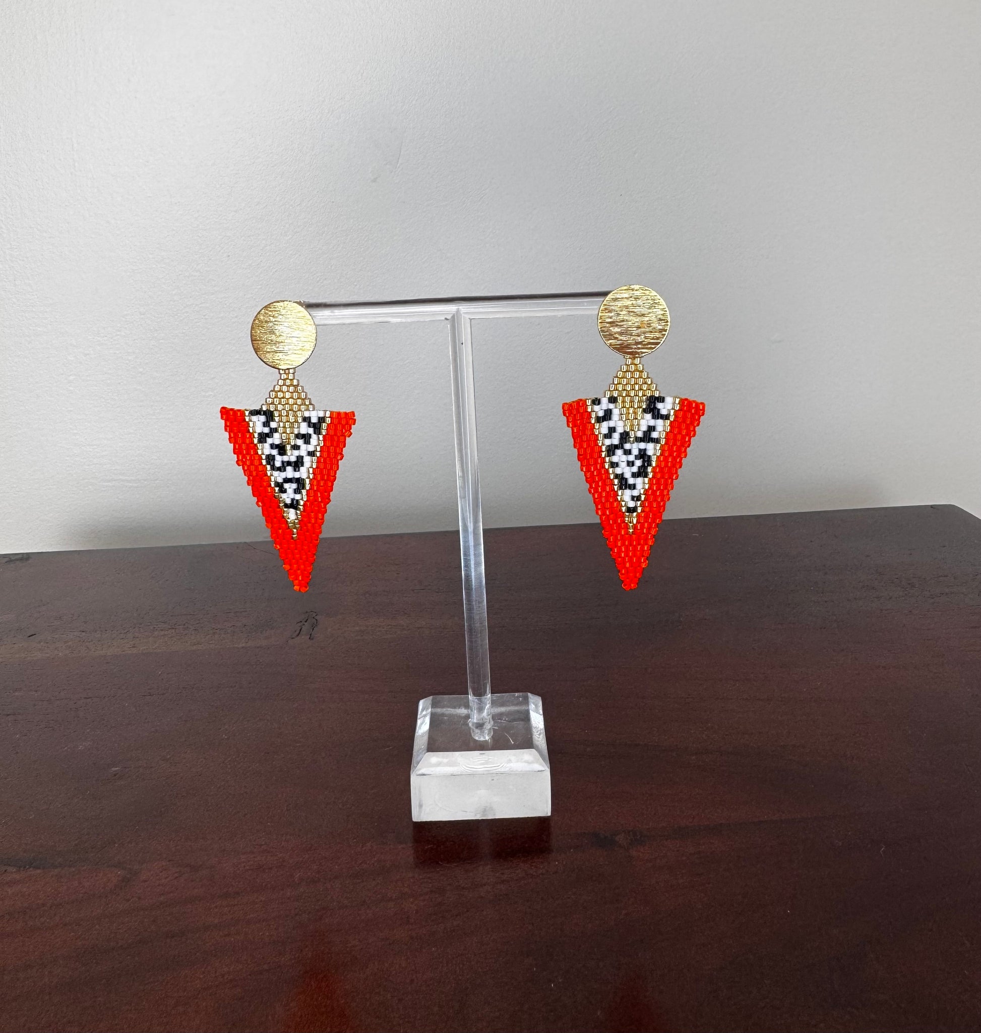 orange triangle earrings, handmade in Montreal 