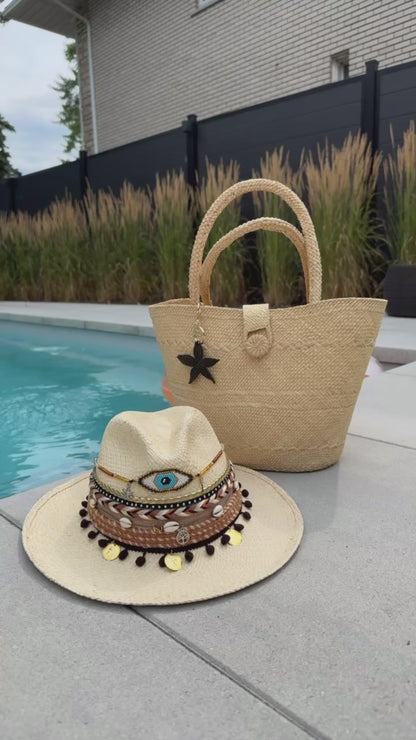 summer hat and summer beach bag, handmade in Colombia available in Montreal 
