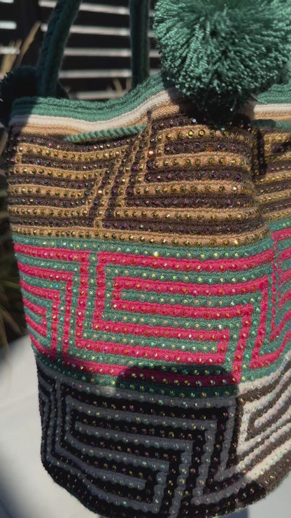 traditional Colombian bag, wayuu bag, handmade bag, colourful bag, crossbody bag, crystal hand-glued bag