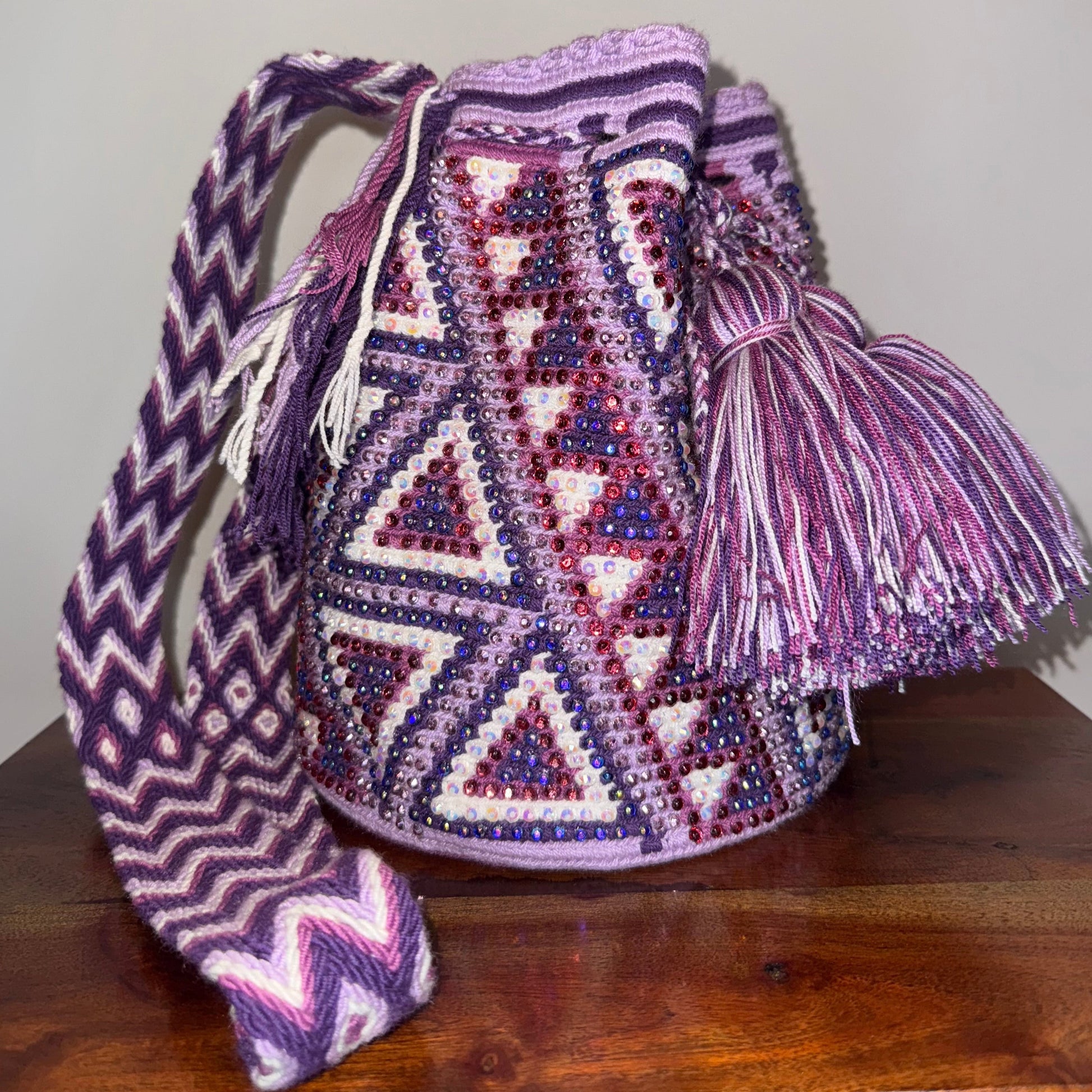 Wayuu bag, made in Colombia by hand and embedded with hand glued crystals 