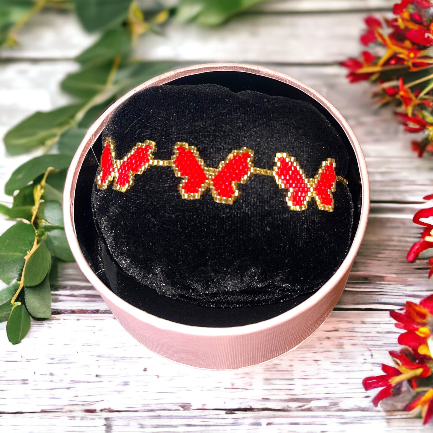 miyuki bracelet, butterfly bracelet, Colombian made, style bracelet, miyuki technique, blue butterfly bracelet, pulsera mariposa, red butterfly bracelet, pulsera mariposa roja 
