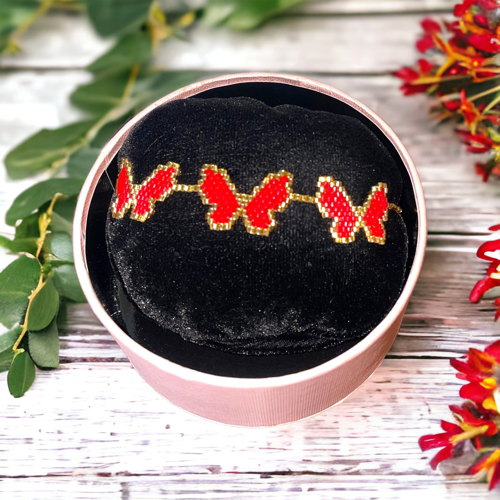 miyuki bracelet, butterfly bracelet, Colombian made, style bracelet, miyuki technique, blue butterfly bracelet, pulsera mariposa, red butterfly bracelet, pulsera mariposa roja 