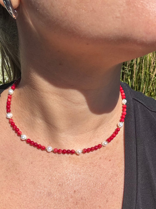 red natural stone with fresh water pearls necklace