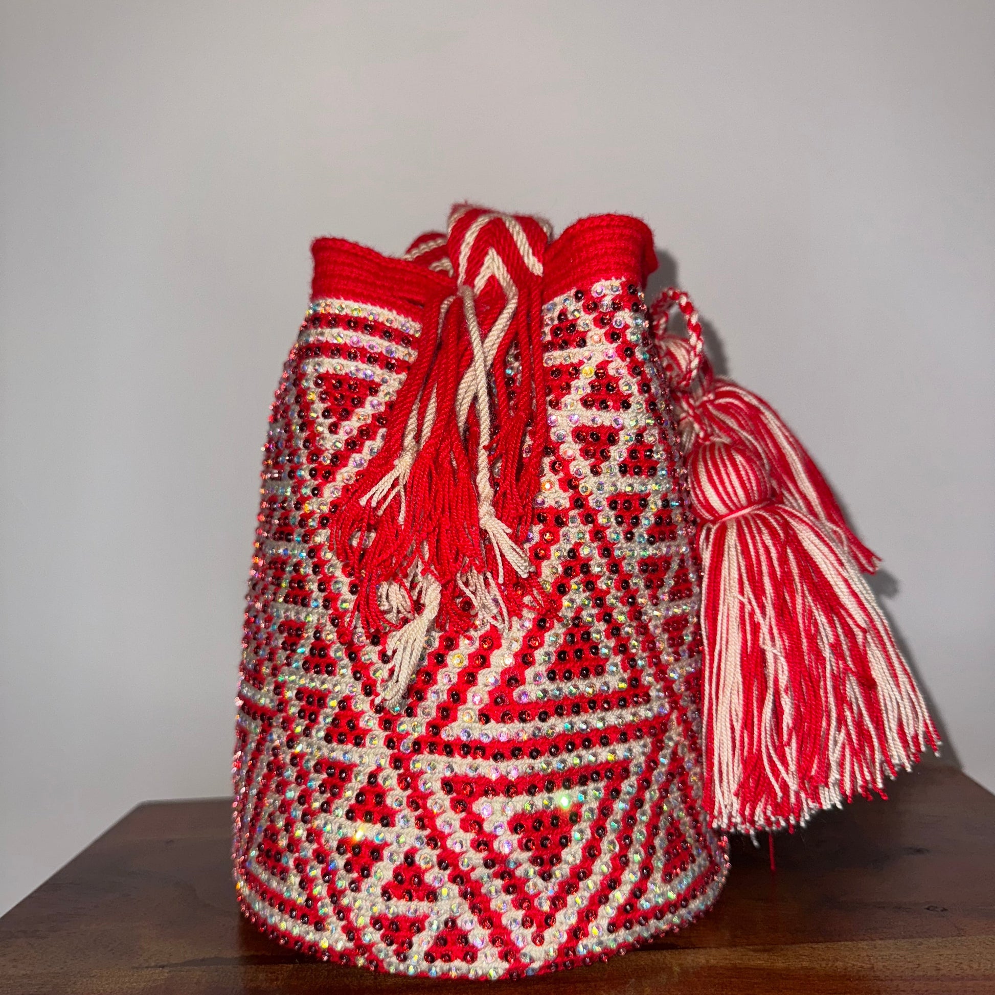 Wayuu bag, made in Colombia by hand and embedded with hand glued crystals 