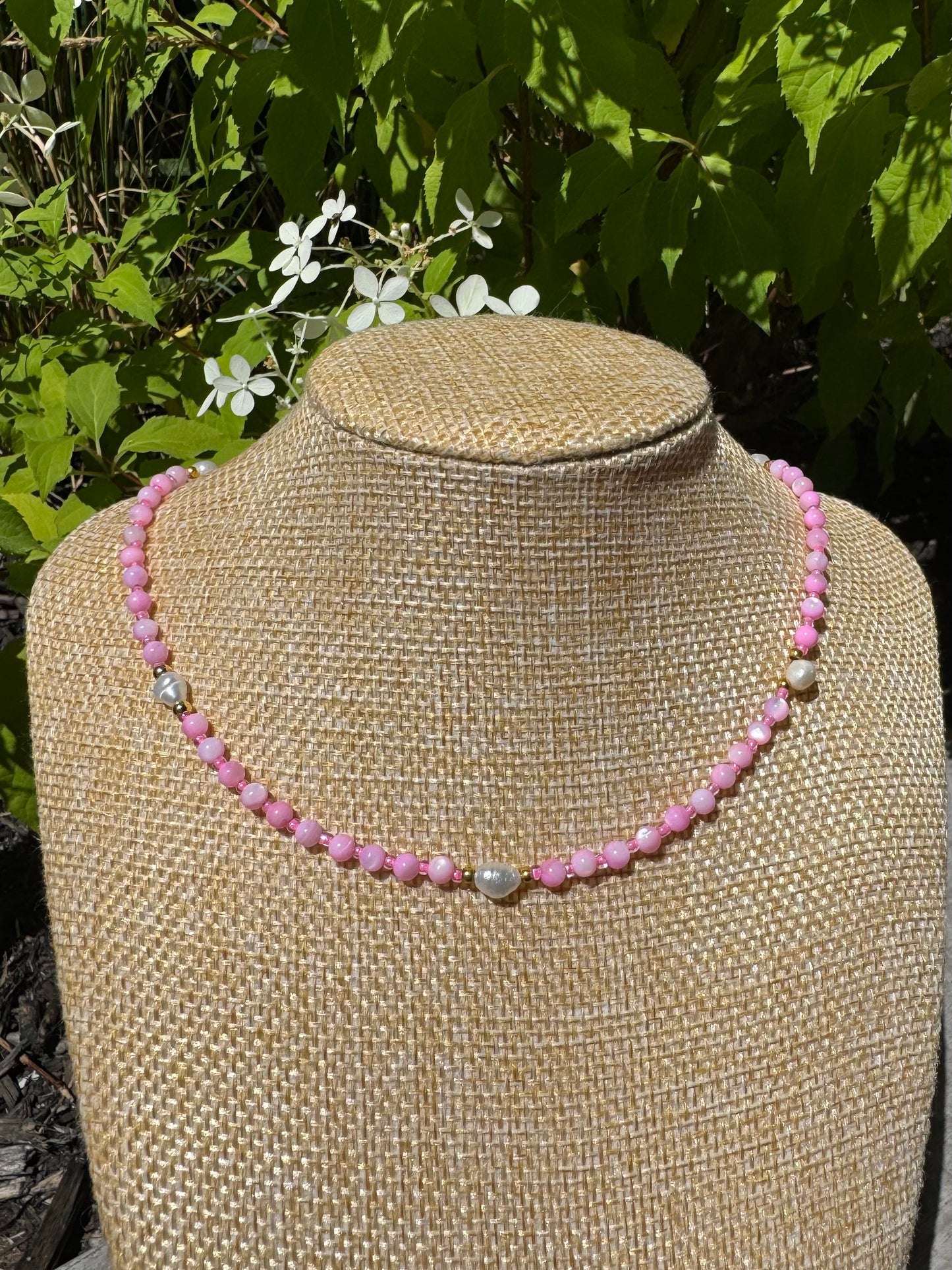 pink natural gemstone necklace with fresh water pearls 