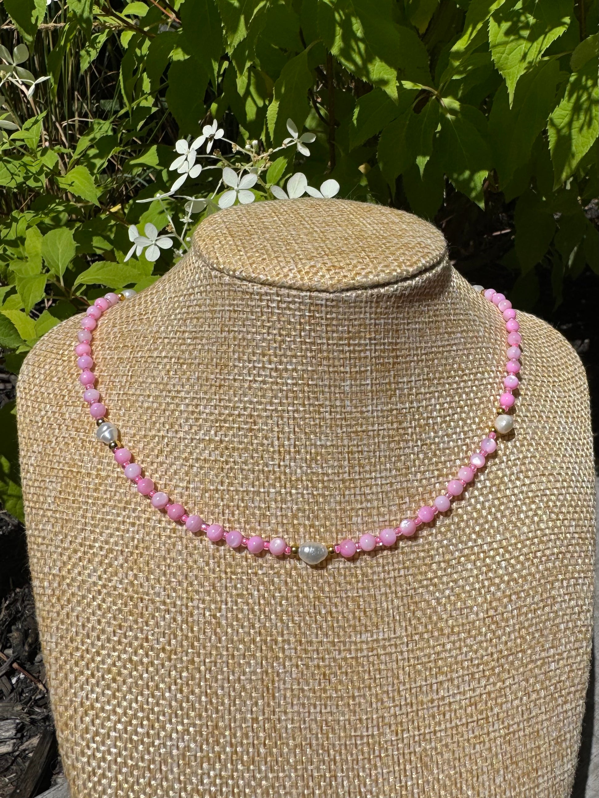 pink natural gemstone necklace with fresh water pearls 