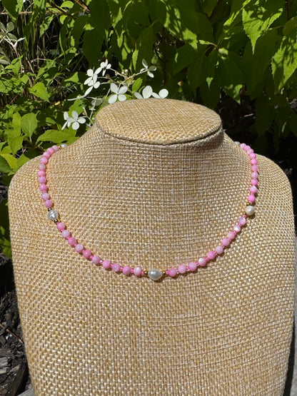 pink natural gemstone necklace with fresh water pearls 