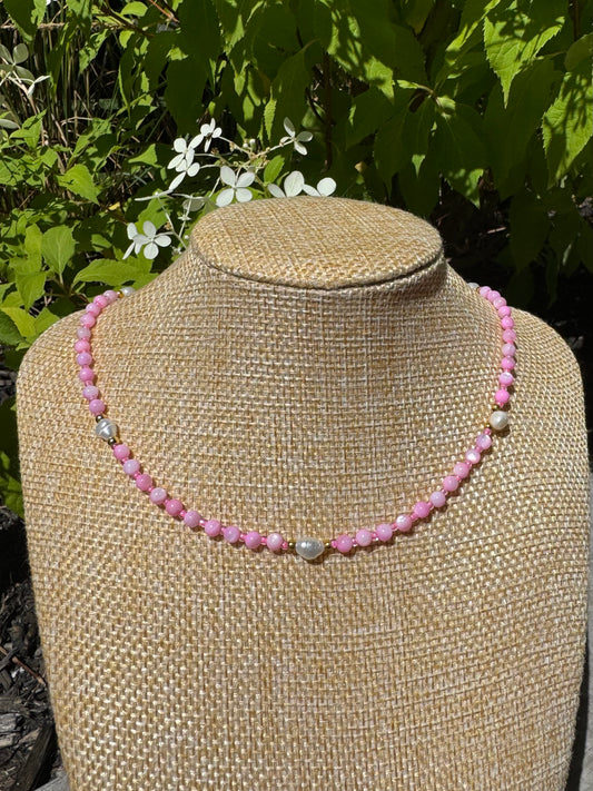 pink natural gemstone necklace with fresh water pearls 