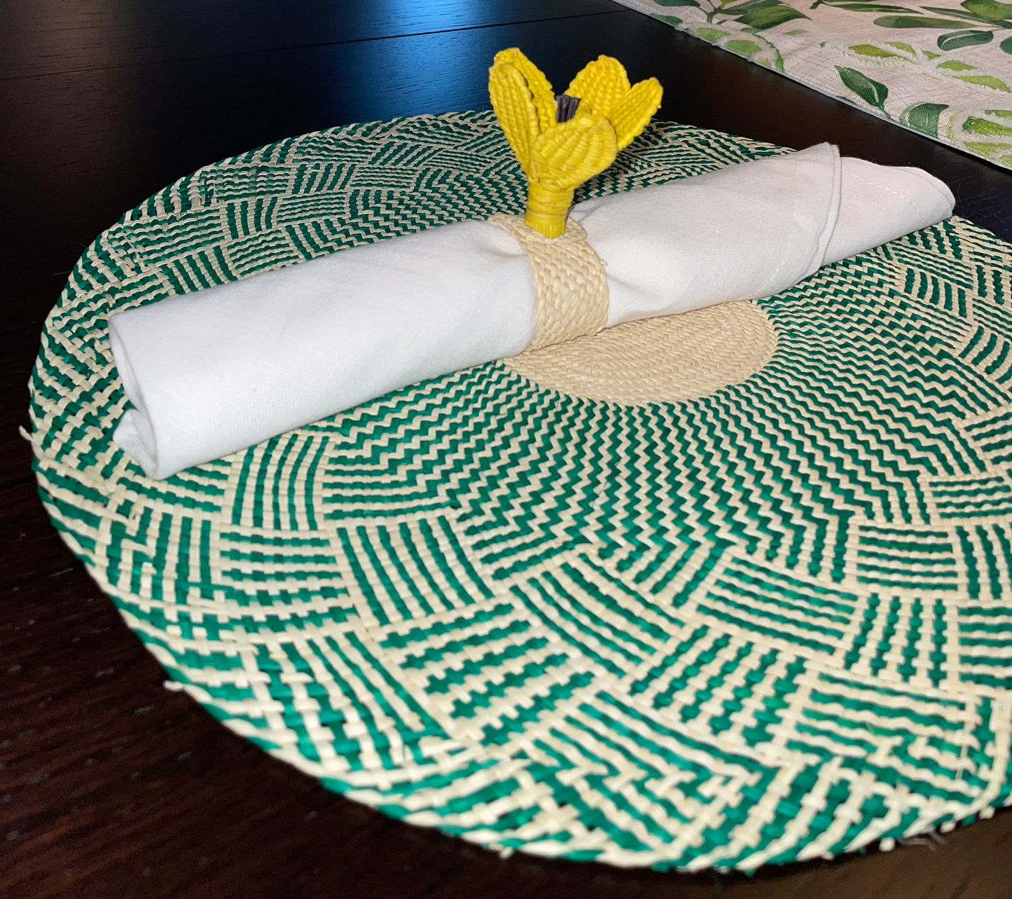 Iraca Palm Napkin Ring Yellow Flower Set of 6